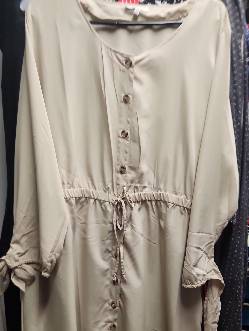 Neutral Beige Drawstring Button-Front Women’s Knee Length Dress